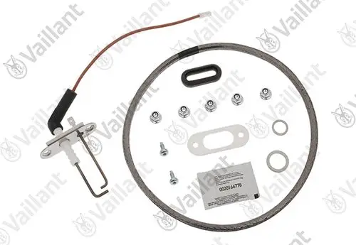 Dichtungssatz von Vaillant mit Elektrode und Zubehörteilen, darunter Unterlegscheiben, Schrauben und Dichtungen, auf hellem Hintergrund.